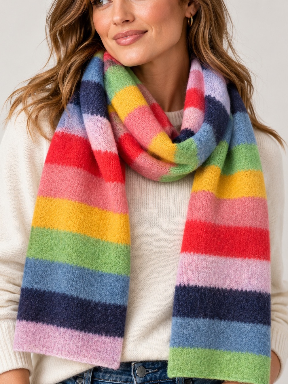NWT! Multicolor Striped Cozy Knit Scarf - Vibrant Rainbow Stripe